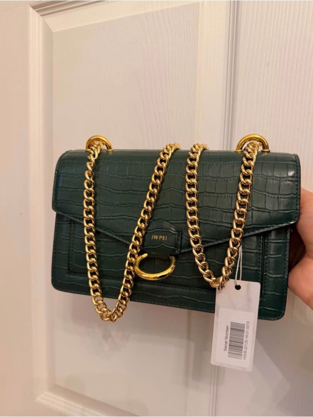 JW PEI Forest Green Croc-Embossed Shoulder Bag with Gold Chain